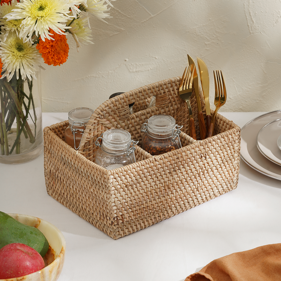 Rattan Condiment and Cutlery Basket Holder